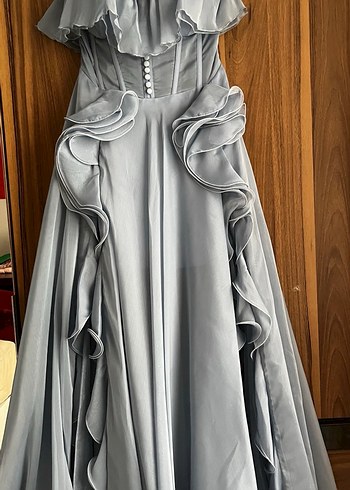 Volanlı Straplez Mavi Uzun Abiye Elbise - Görsel 5