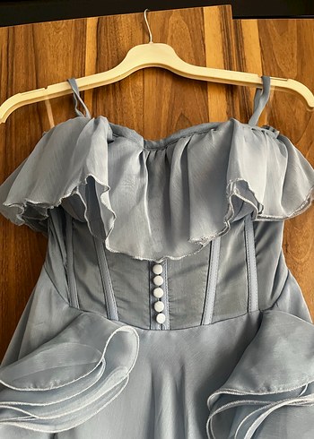 Volanlı Straplez Mavi Uzun Abiye Elbise - Görsel 7