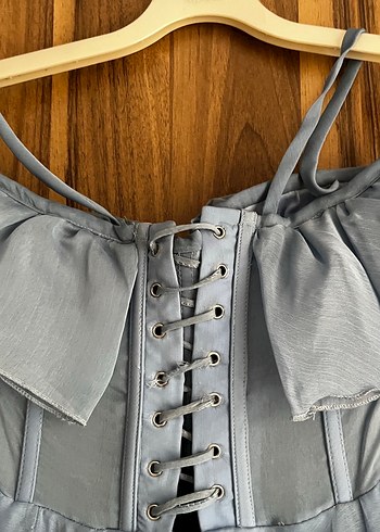 Volanlı Straplez Mavi Uzun Abiye Elbise - Görsel 11