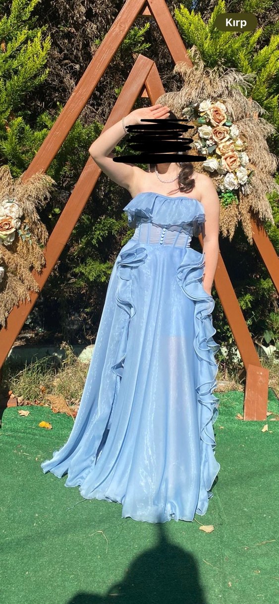 Volanlı Straplez Mavi Uzun Abiye Elbise - Görsel 2