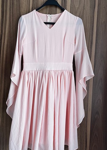 Pembe Midi Uzun Kollu Transparan Elbise - Görsel 2