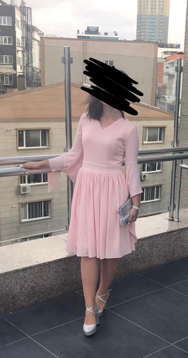 Pembe Midi Uzun Kollu Transparan Elbise - Görsel 5