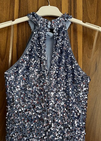 Payetli Mavi Uzun Abiye Elbise - Görsel 8