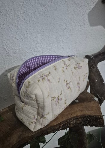 müslin kumaştan elyaflı fermuarlı makyaj cantası - Görsel 2