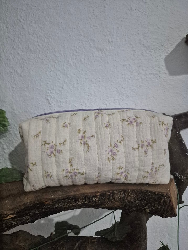 müslin kumaştan elyaflı fermuarlı makyaj cantası - Görsel 3