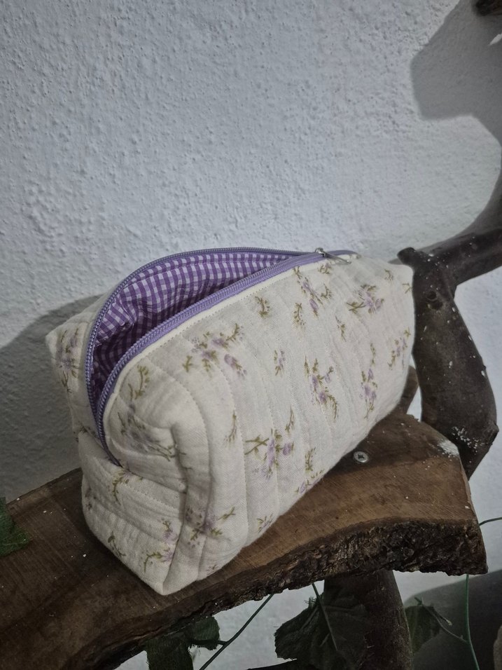 müslin kumaştan elyaflı fermuarlı makyaj cantası - Görsel 2