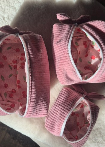 pembe kadife 3lü Kadın Makyaj Çantası - Görsel 4