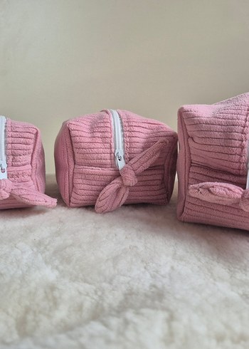 pembe kadife 3lü Kadın Makyaj Çantası - Görsel 2