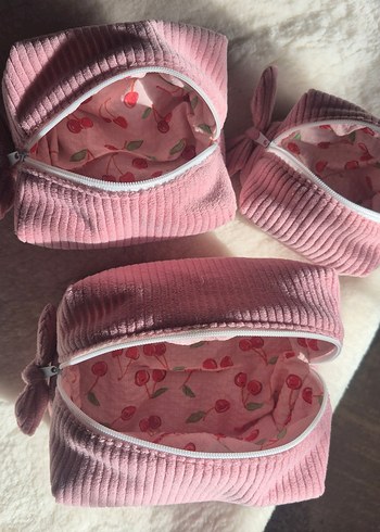 pembe kadife 3lü Kadın Makyaj Çantası - Görsel 3