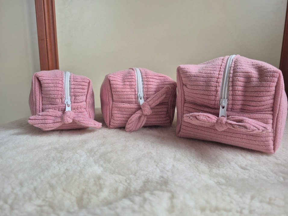 pembe kadife 3lü Kadın Makyaj Çantası - Görsel 2