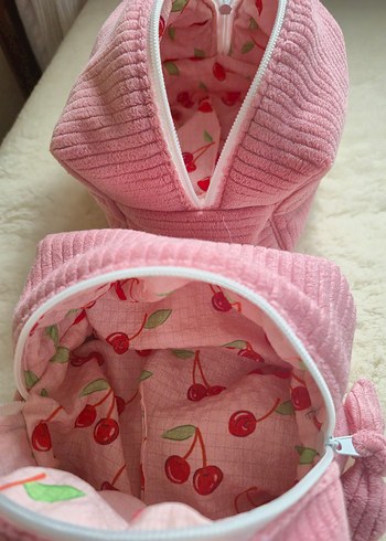 Fermuarlı Pembe kadife Kadın Makyaj Çantası - Görsel 4