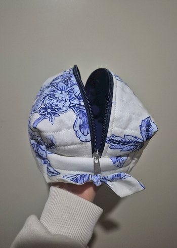 Kadın Makyaj Çantası Mavi Çiçek Desenli Fermuarlı - Görsel 5