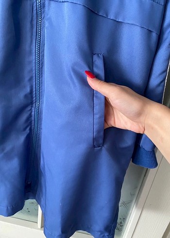 Uzun Mavi Kadın Yağmurluk Fermuarlı - Görsel 2