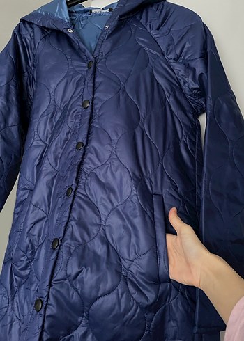 Düğmeli Lacivert Uzun Kadın Mont - Görsel 2