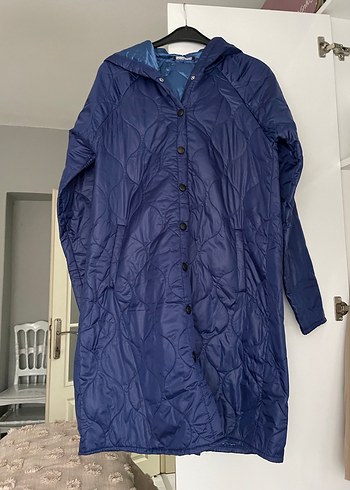 Düğmeli Lacivert Uzun Kadın Mont - Görsel 3