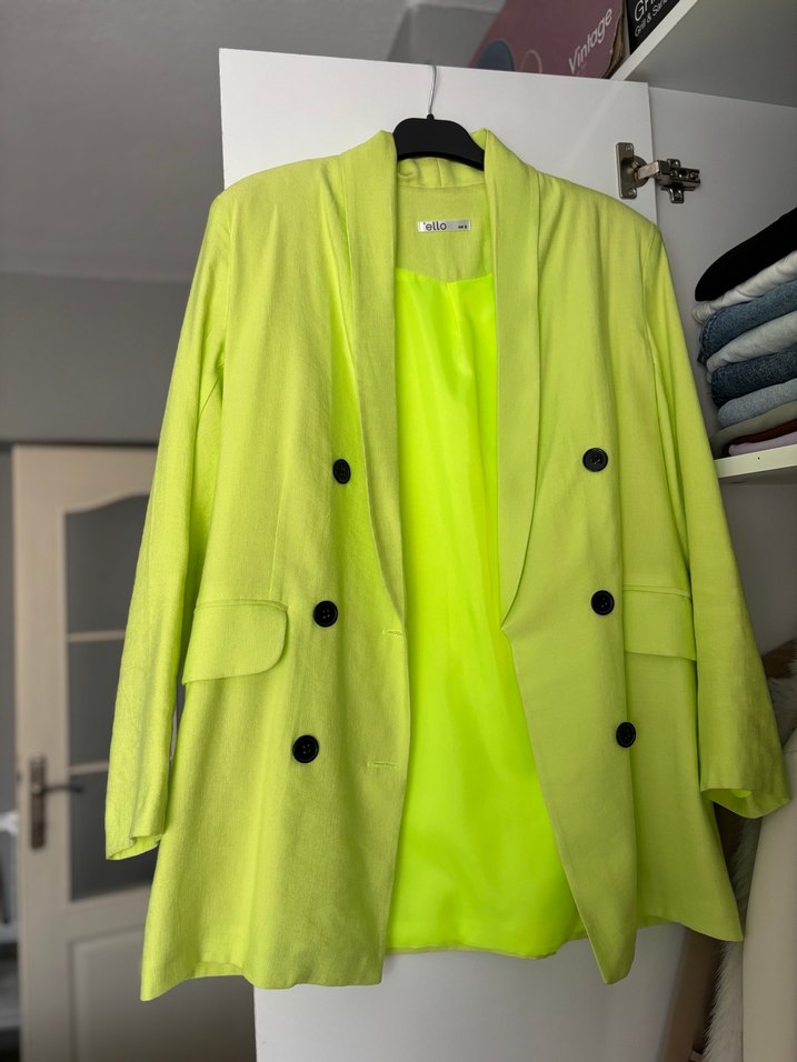 Fosforlu Yeşil Kadın Düğmeli Midi Ceket - Görsel 2