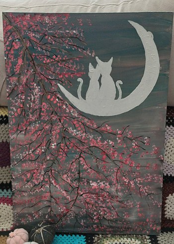 Pembe Çiçekli Dal ve Ayda Oturan Kediler Tablosu 50×70 cm - Görsel 3