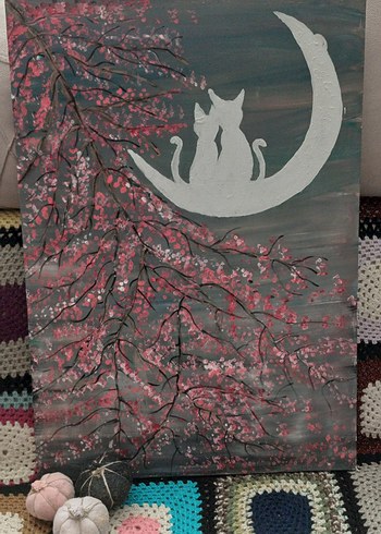 Pembe Çiçekli Dal ve Ayda Oturan Kediler Tablosu 50×70 cm - Görsel 5