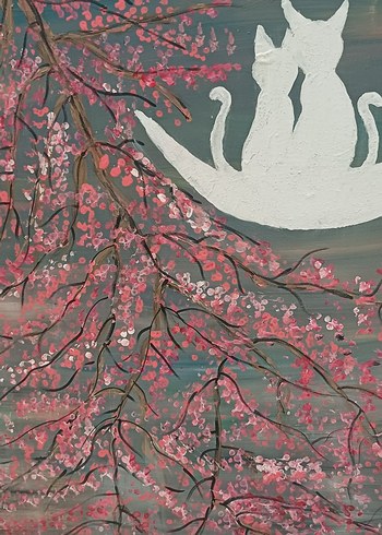 Pembe Çiçekli Dal ve Ayda Oturan Kediler Tablosu 50×70 cm - Görsel 4