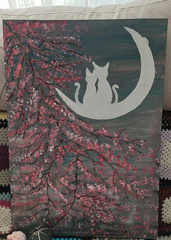 Pembe Çiçekli Dal ve Ayda Oturan Kediler Tablosu 50×70 cm - Görsel 2