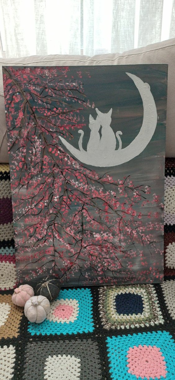 Pembe Çiçekli Dal ve Ayda Oturan Kediler Tablosu 50×70 cm - Görsel 5