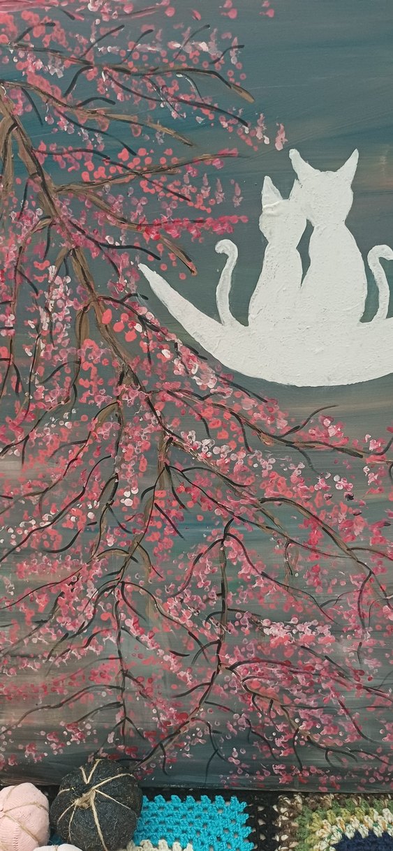 Pembe Çiçekli Dal ve Ayda Oturan Kediler Tablosu 50×70 cm - Görsel 4