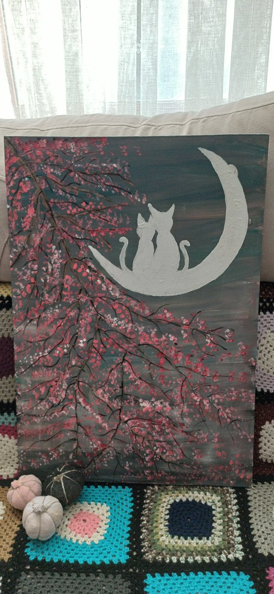 Pembe Çiçekli Dal ve Ayda Oturan Kediler Tablosu 50×70 cm - Görsel 2