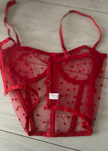 Kırmızı Puantiyeli Dantelli  Bustiyer - Görsel 2