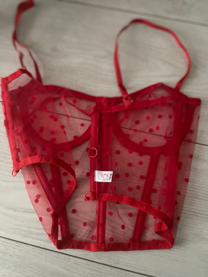 Kırmızı Puantiyeli Dantelli  Bustiyer - Görsel 2