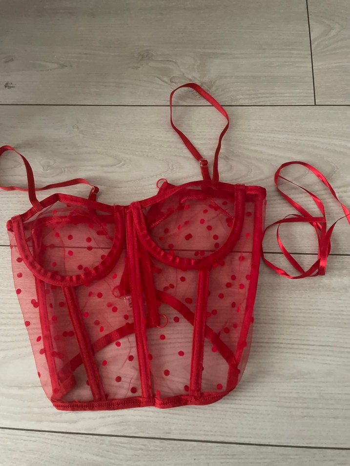 Kırmızı Puantiyeli Dantelli  Bustiyer - Görsel 3