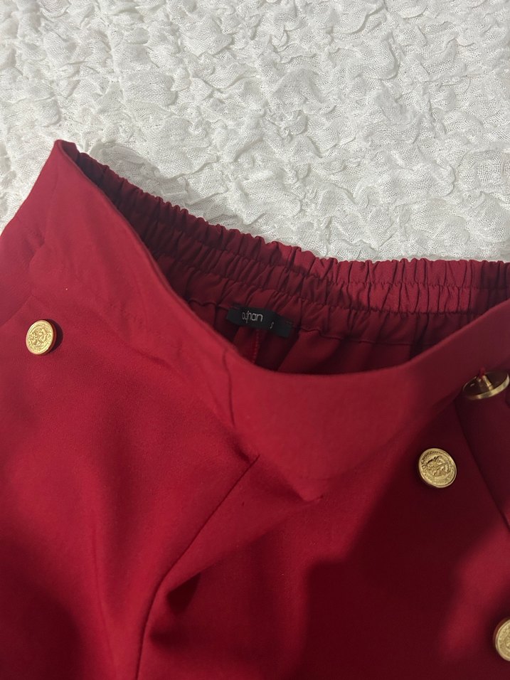 Düğmeli Bordo Kadın Kumaş Pantolon - Görsel 2