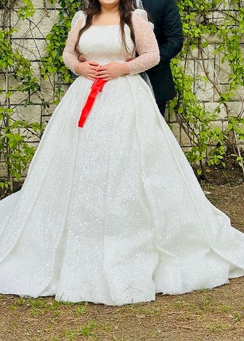 İnci Detaylı Uzun Beyaz U Kesim Gelinlik - Görsel 3