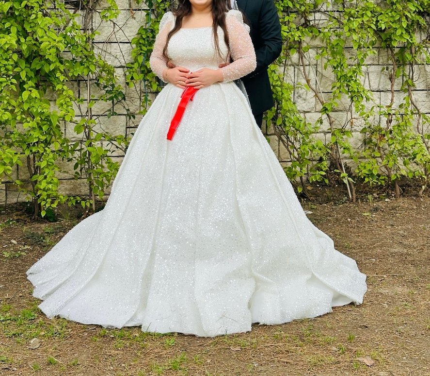 İnci Detaylı Uzun Beyaz U Kesim Gelinlik - Görsel 3