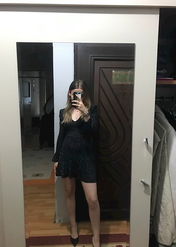 Uzun Kollu Siyah Transparan Mini Elbise