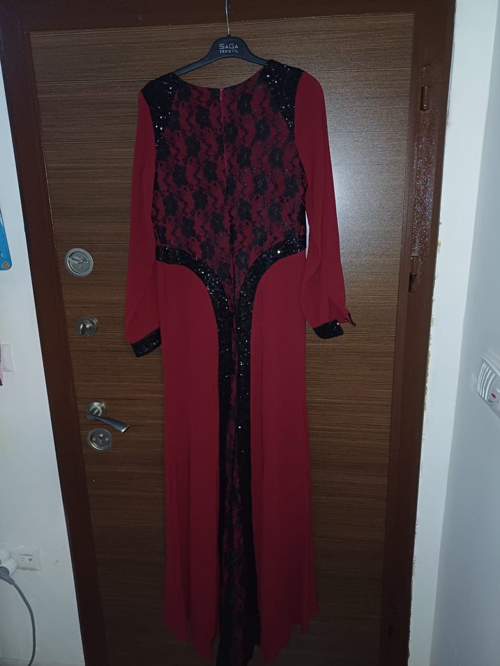 Bordo Uzun Kollu V Yaka Uzun Elbise - Görsel 2