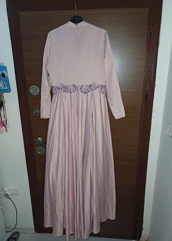 Nakışlı pudra Uzun Kollu Uzun Abiye Elbise - Görsel 2