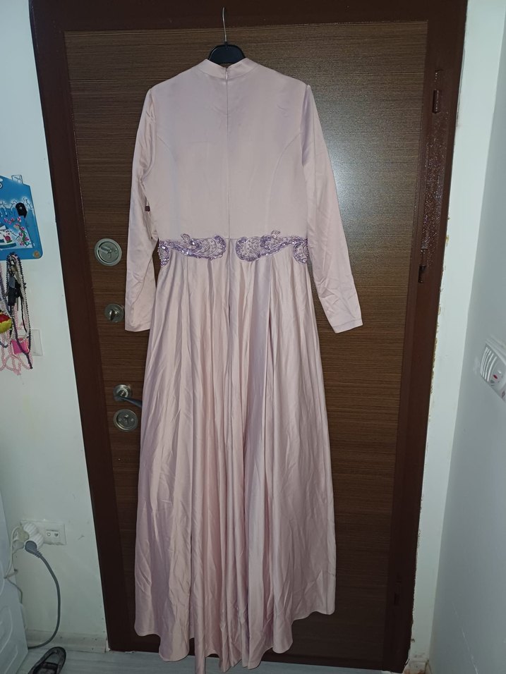 Nakışlı pudra Uzun Kollu Uzun Abiye Elbise - Görsel 2