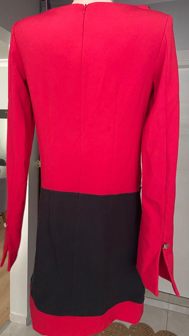 Kemer Detaylı Kırmızı Siyah Midi Ofis Elbisesi - Görsel 2