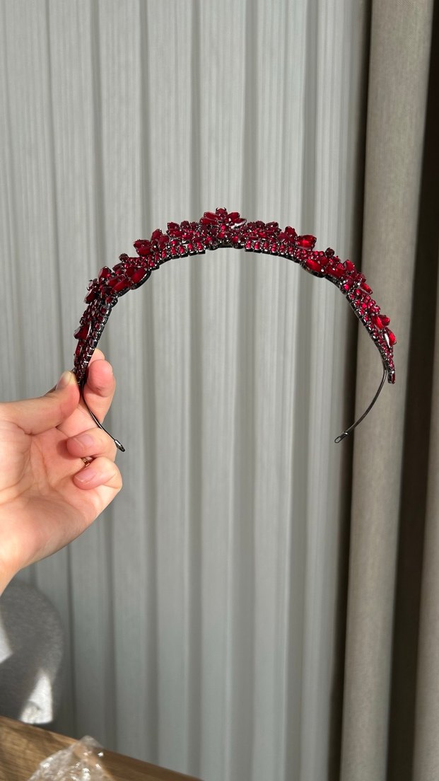 Bordo Parlak Taşlı Kadın kına  Taç - Görsel 2