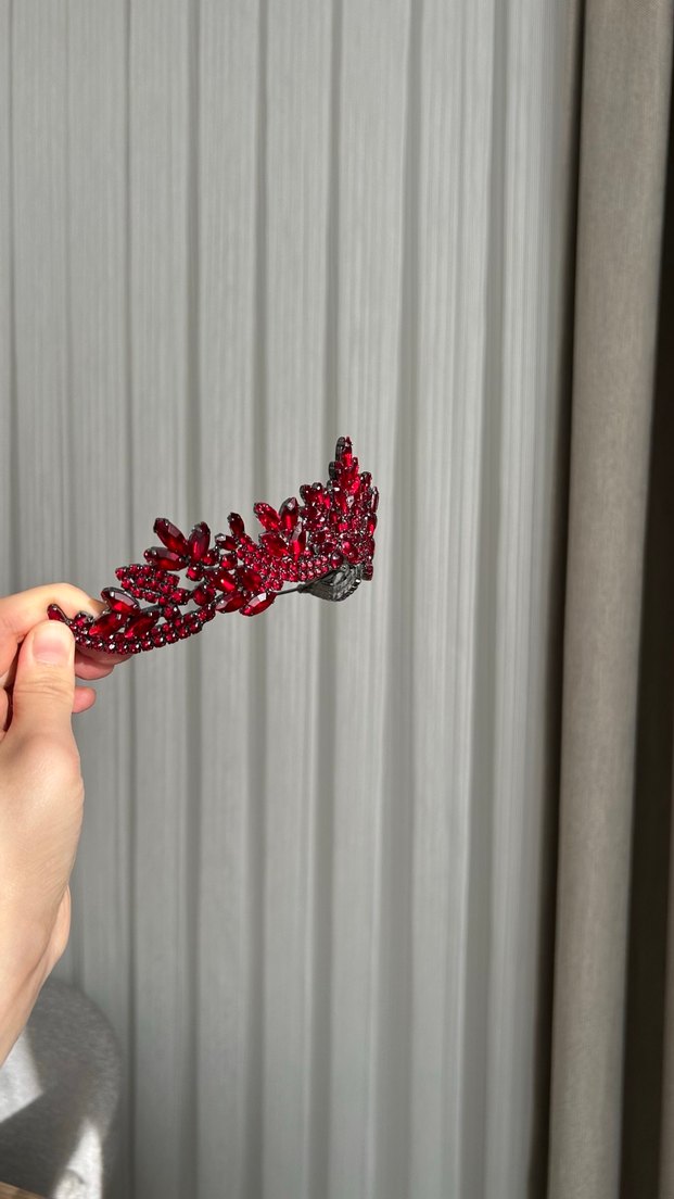 Bordo Parlak Taşlı Kadın kına  Taç - Görsel 3