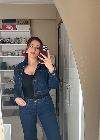 Mavi crop kot ceket - Görsel 5