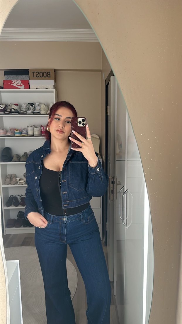 Mavi crop kot ceket - Görsel 5