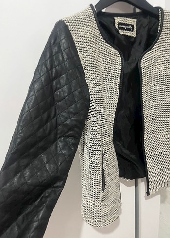 Gri Deri Kollu Fermuarlı Kadın Ceket - Görsel 2