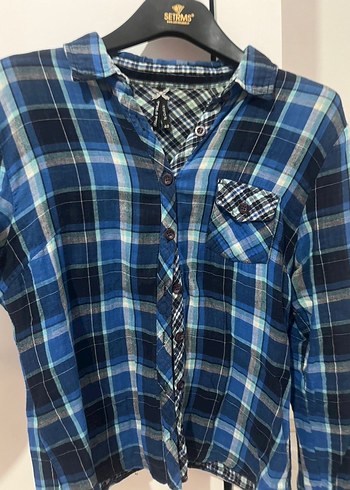 Kadın Mavi Kareli Düğmeli Gömlek - Görsel 4