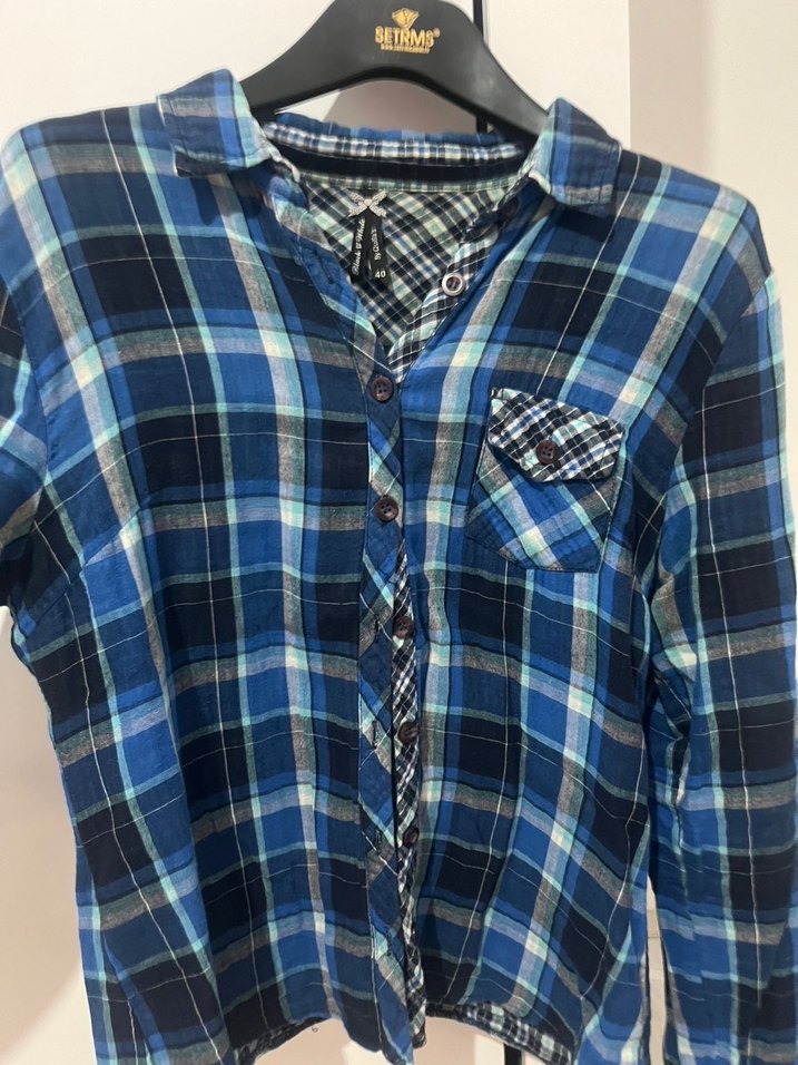 Kadın Mavi Kareli Düğmeli Gömlek - Görsel 4