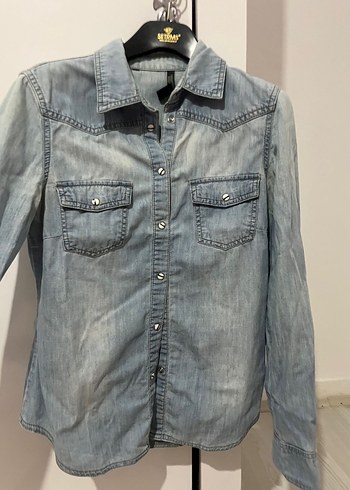 Düğmeli Gri Denim Kadın Gömlek - Görsel 3