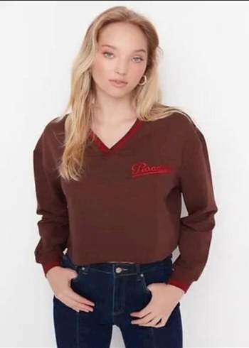 V Yaka Kahverengi Oversize Sweatshirt - Görsel 2