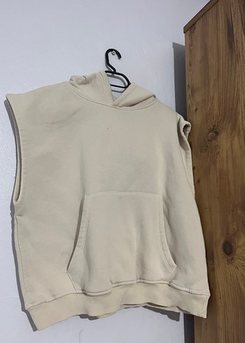 Bej Kapüşonlu Kolsuz Sweatshirt