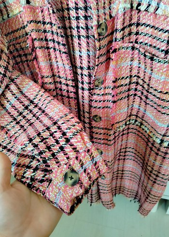 Pembe Düğmeli Uzun Kollu Kadın gömlek Kışlık - Görsel 3