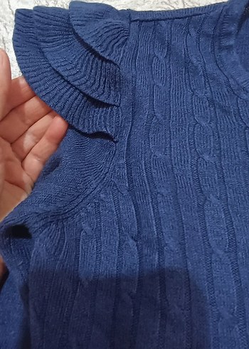 Kadın Mavi Keten Uzun Kollu Fırfırlı Kazak - Görsel 2